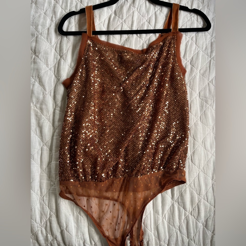 Like new- Free People sequined tank top bodysuit. Velvet detailing on straps.